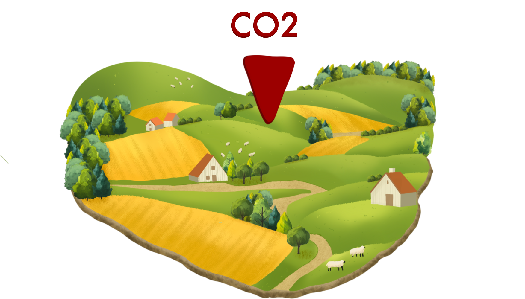 Illustration of fields and a CO2 label. By Laura Laroche