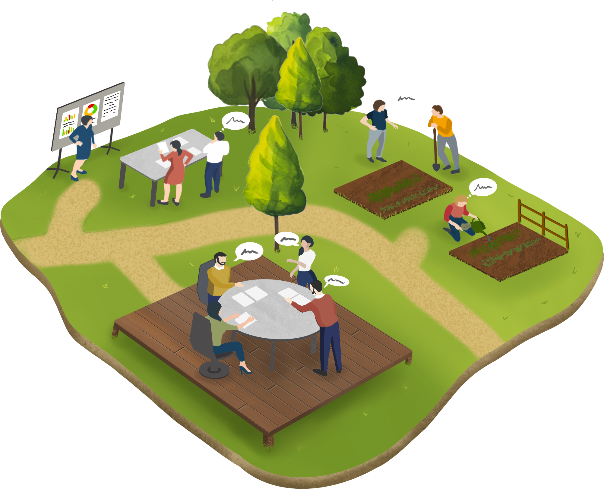 Illustration of people in a park discussing things. By Laura Laroche